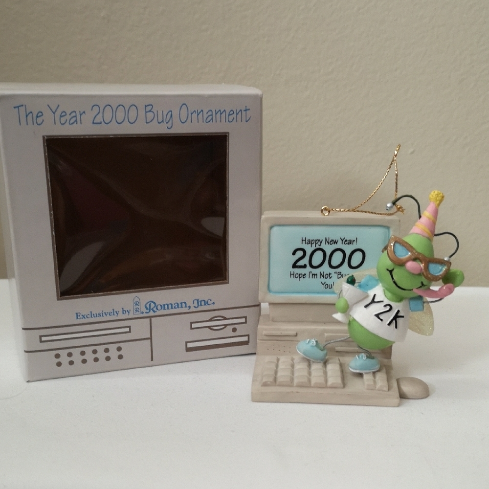Collectible Keepsake Vintage Y2K Bug Ornament with Computer With Box By Roman